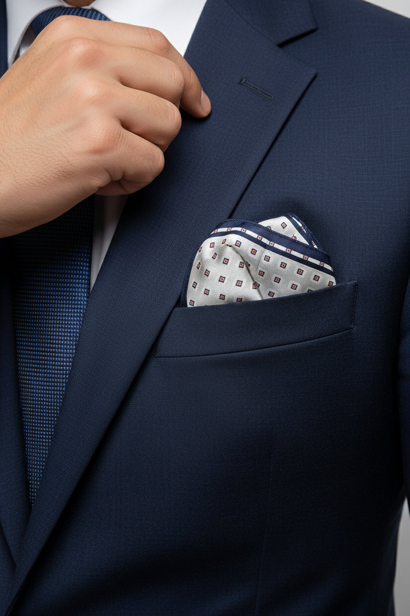 White Silk Pocket Square with Geometric Print