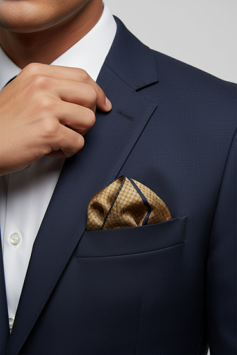Golden Pocket Square with Navy Trim