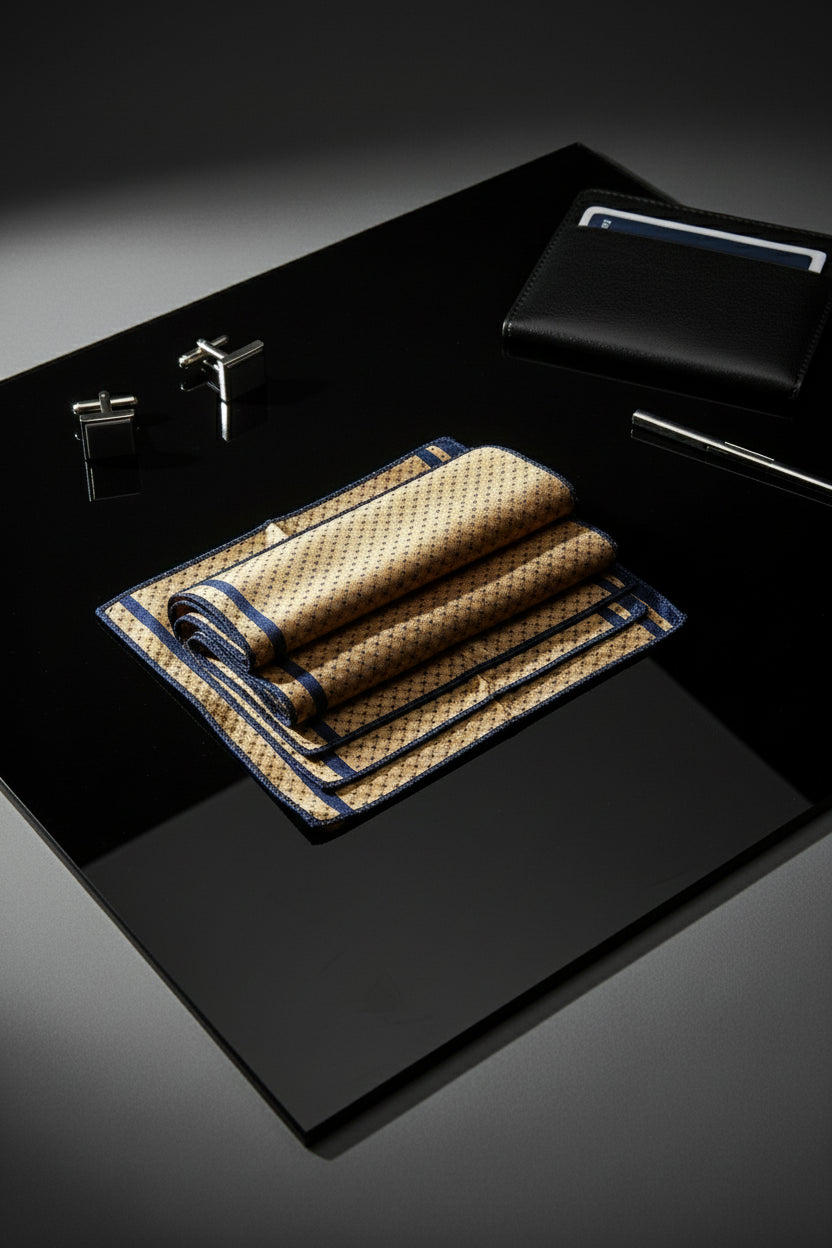 Golden silk pocket square with navy trim and geometric pattern, ideal for formal occasions.