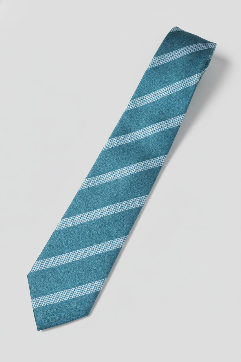 Teal striped luxury silk tie with classic design for formal business and weddings.