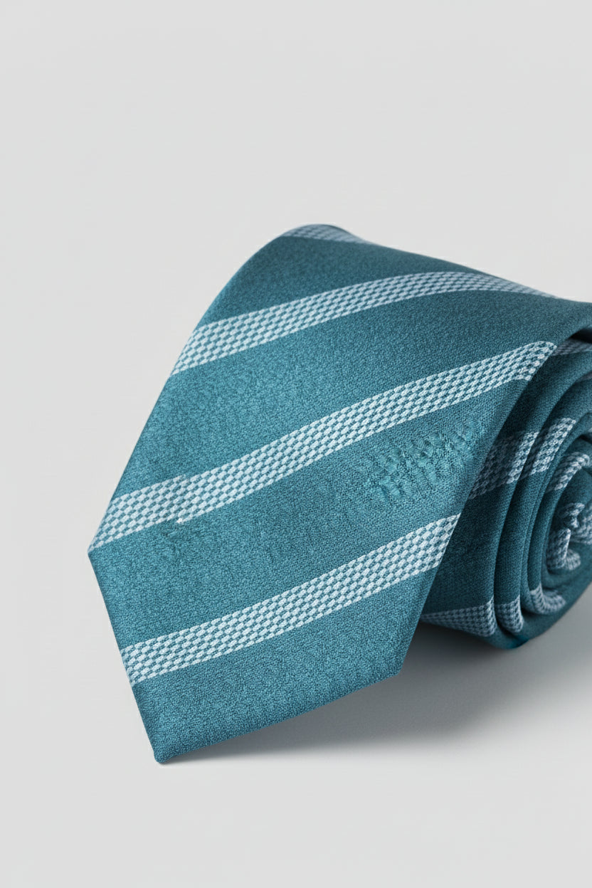 Teal striped luxury silk tie with elegant texture, perfect for formal occasions.