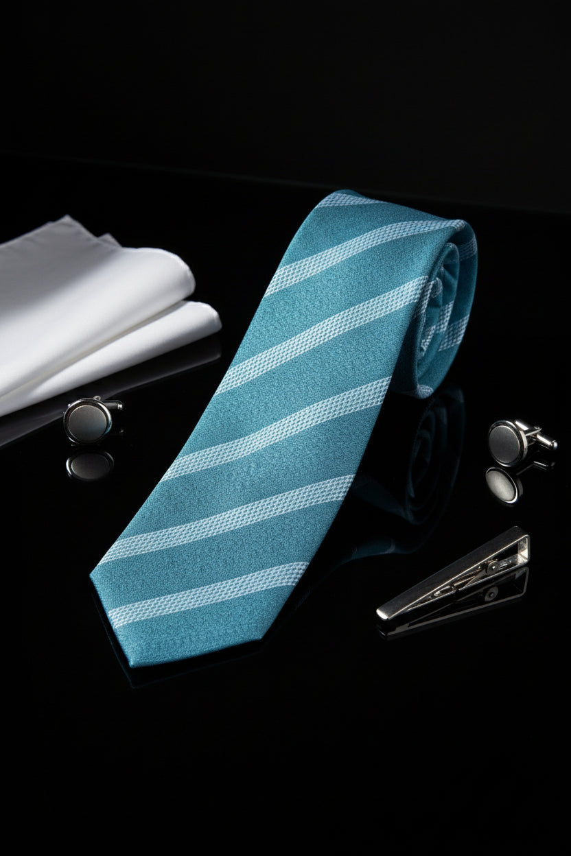 Teal striped luxury silk tie with silver cufflinks and pocket square.