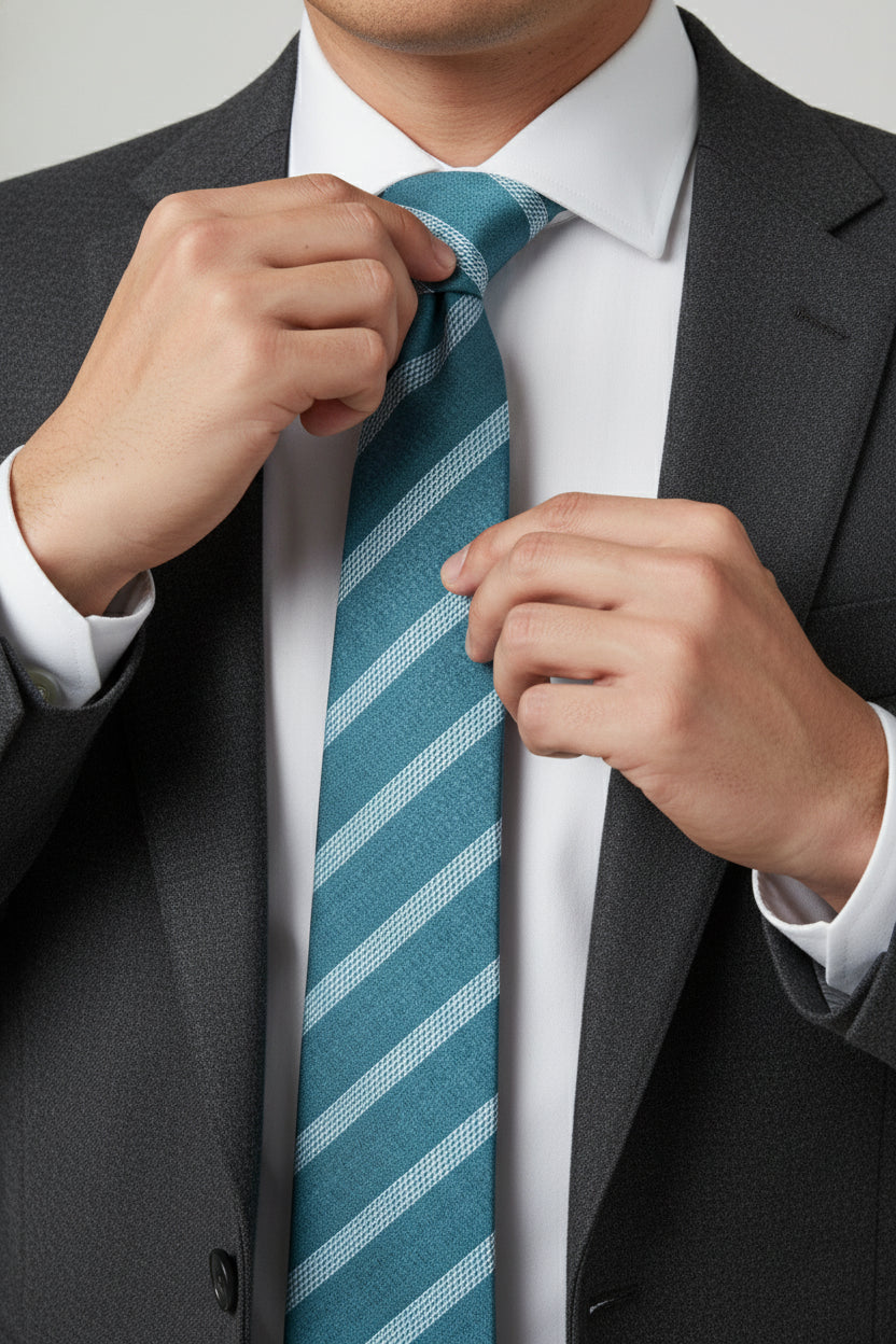 Man adjusting teal striped luxury silk tie with a classic suit.