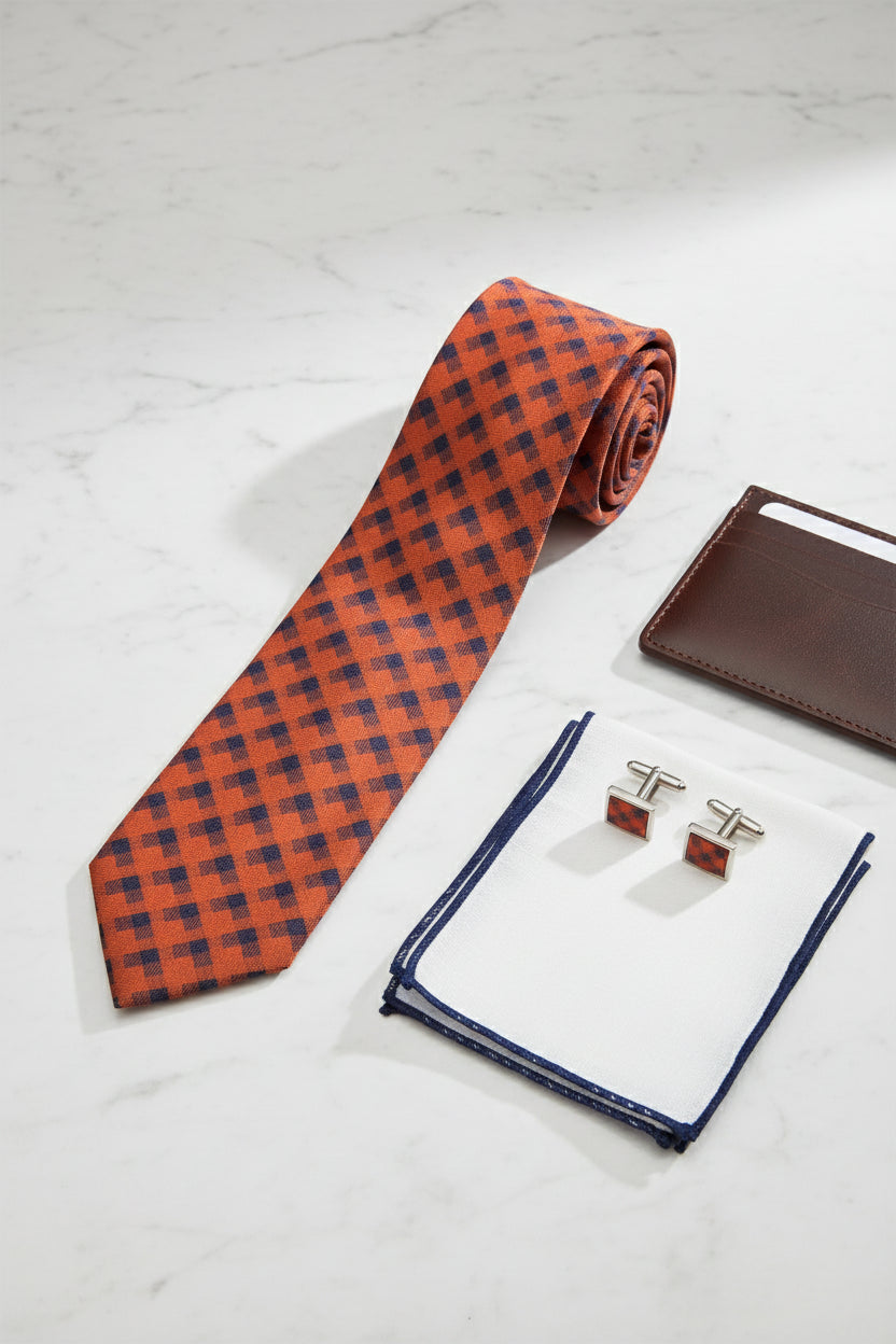 Red geometric pattern silk tie displayed with cufflinks and pocket square.