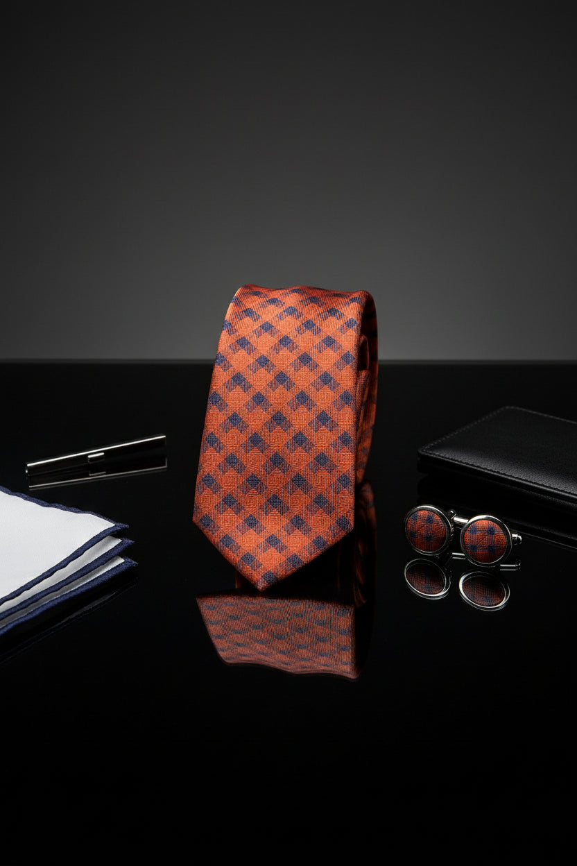 Red geometric pattern silk tie displayed elegantly alongside cufflinks and pocket square.
