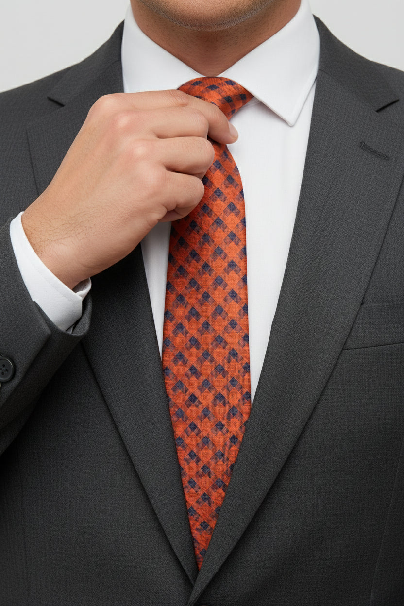 Man adjusting red geometric pattern silk tie with navy blue accents, wearing a gray suit.