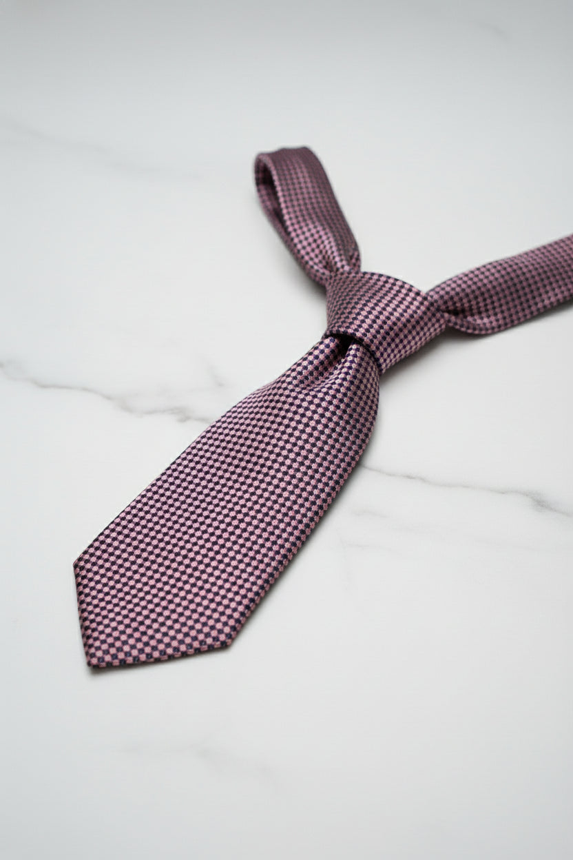 Burgundy textured silk tie with a modern pattern, perfect for formal wear.