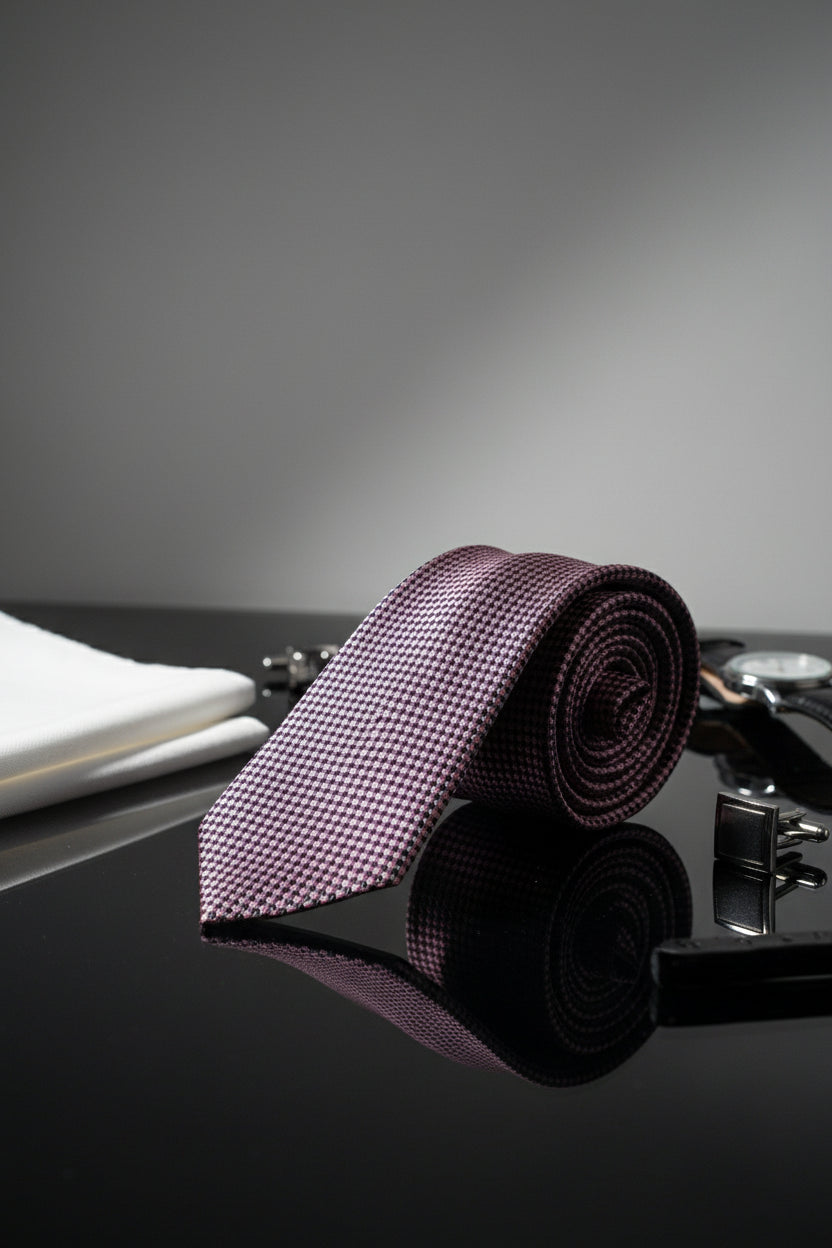 Burgundy textured silk tie rolled on a reflective surface with cufflinks and pocket square.