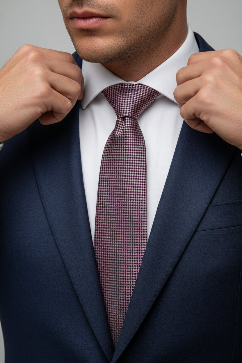 Man adjusting burgundy textured silk tie with a navy suit and white shirt.