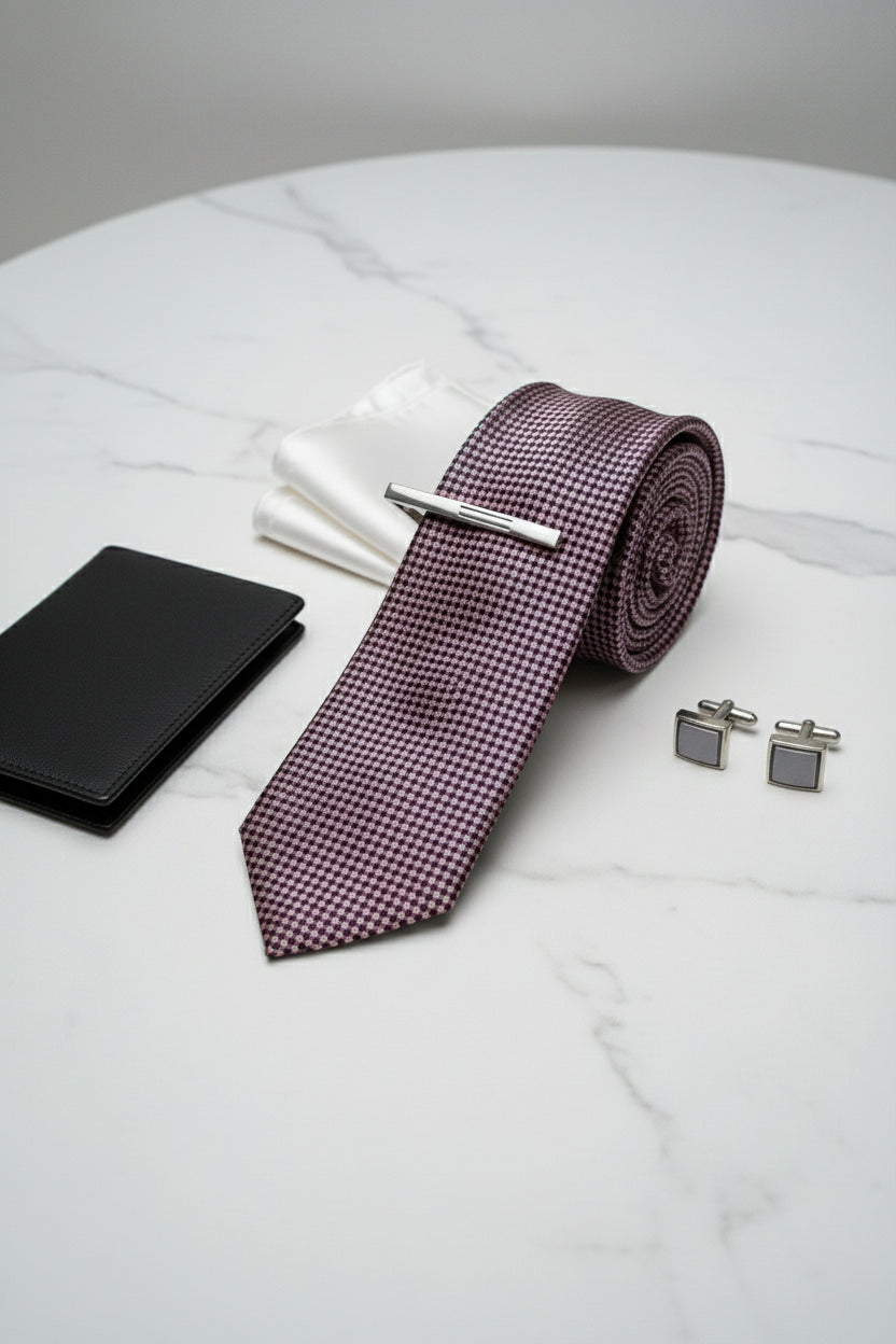 Burgundy textured silk tie displayed with cufflinks and pocket square on marble table.