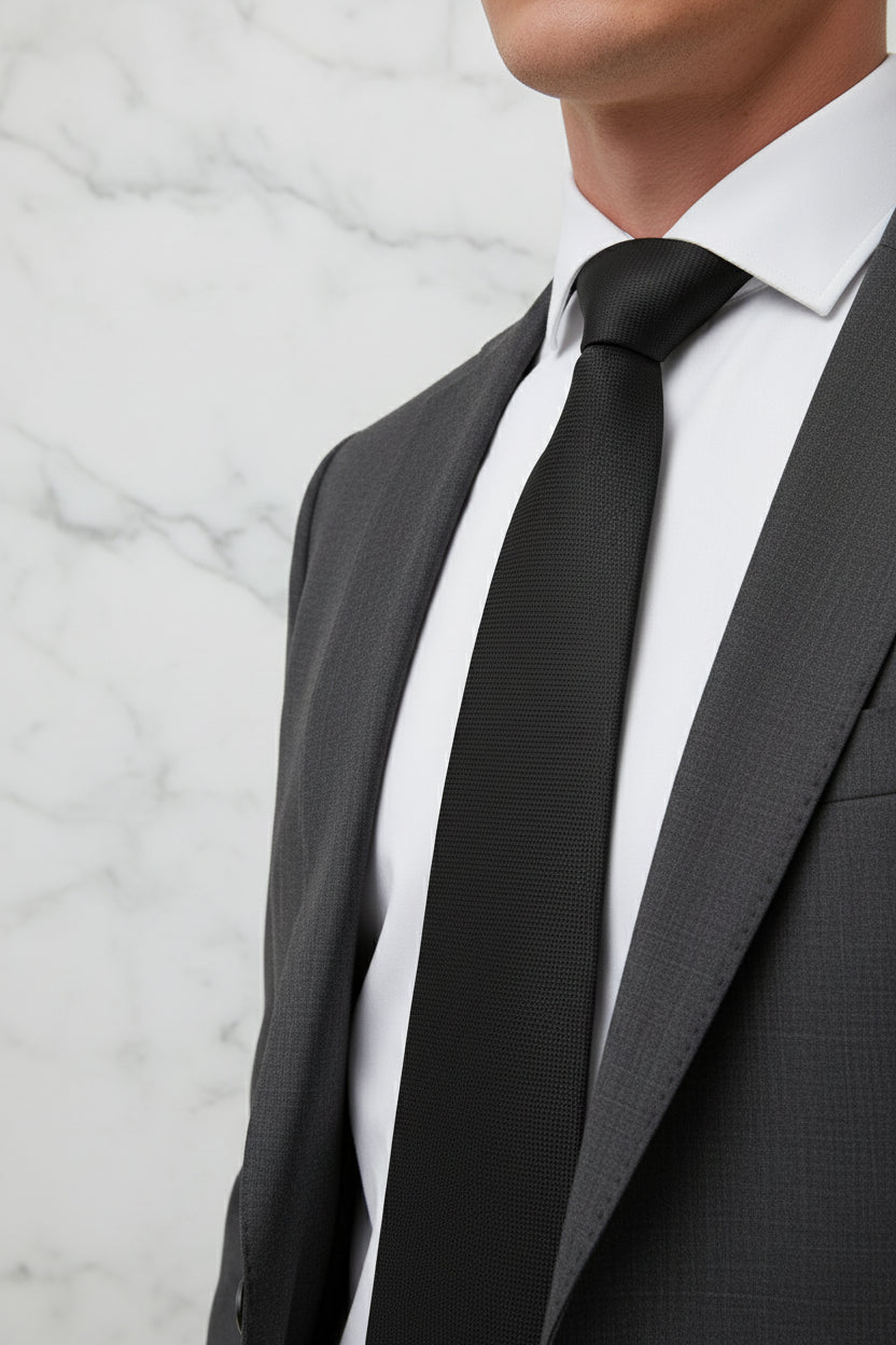 Navy textured silk tie paired with a grey suit and white shirt.