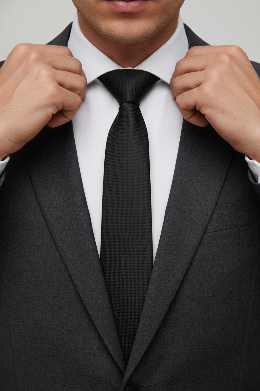 Man adjusting navy textured silk tie with classic business suit and white shirt.