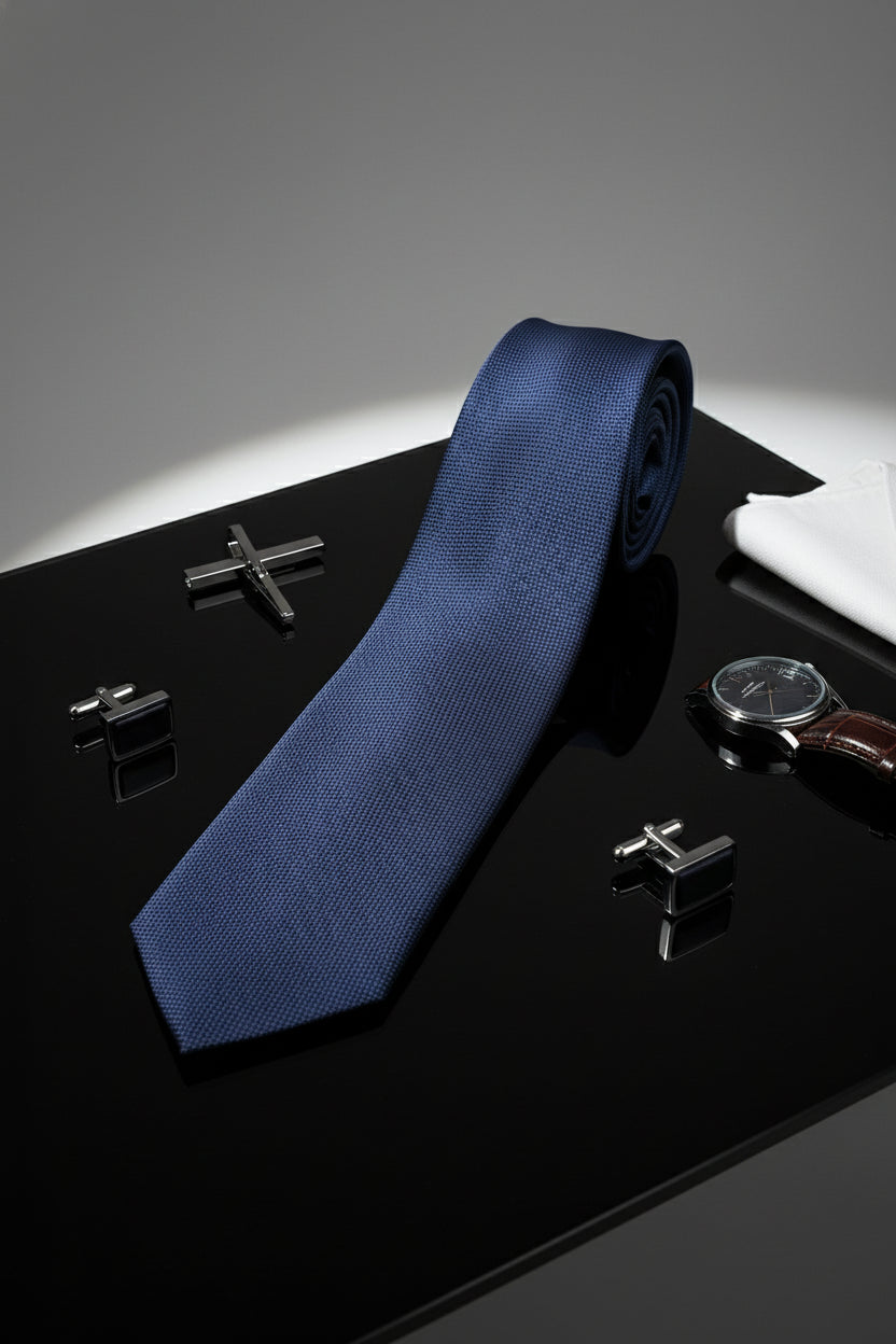 Navy textured silk tie displayed on black surface with cufflinks and watch.