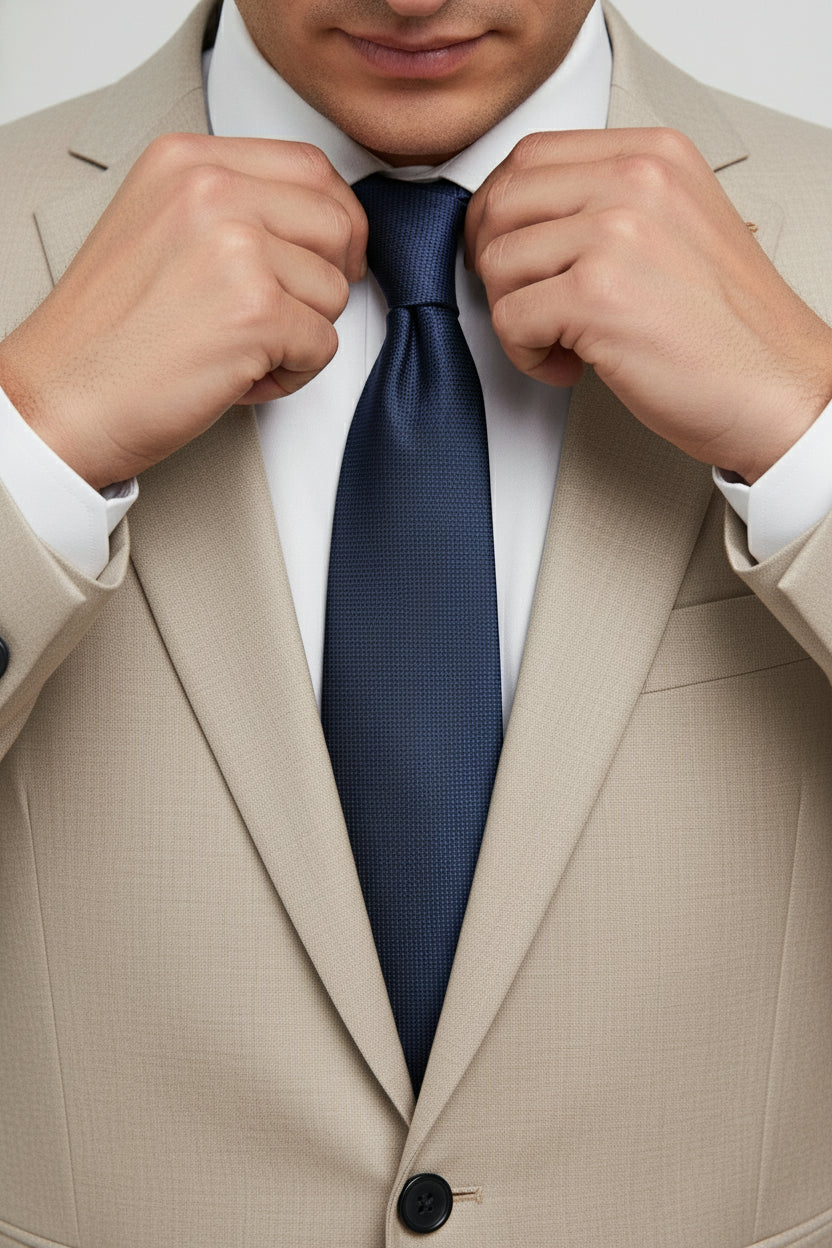 Man adjusting navy textured silk tie while wearing beige suit jacket.