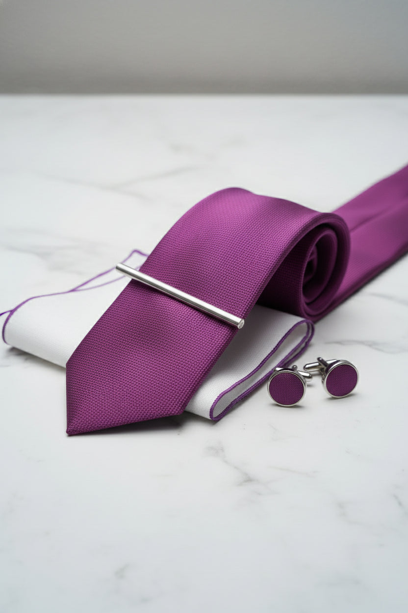 Purple textured silk tie with silver tie bar, accompanied by matching cufflinks.