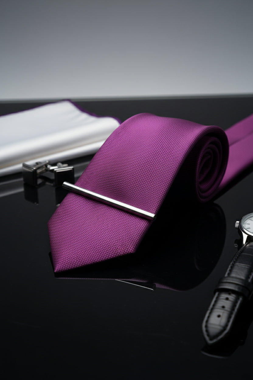 Purple textured silk tie displayed with silver tie clip and watch on black surface.