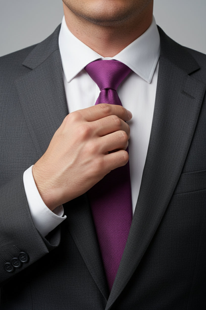 Man adjusting purple textured silk tie with gray suit and white shirt.
