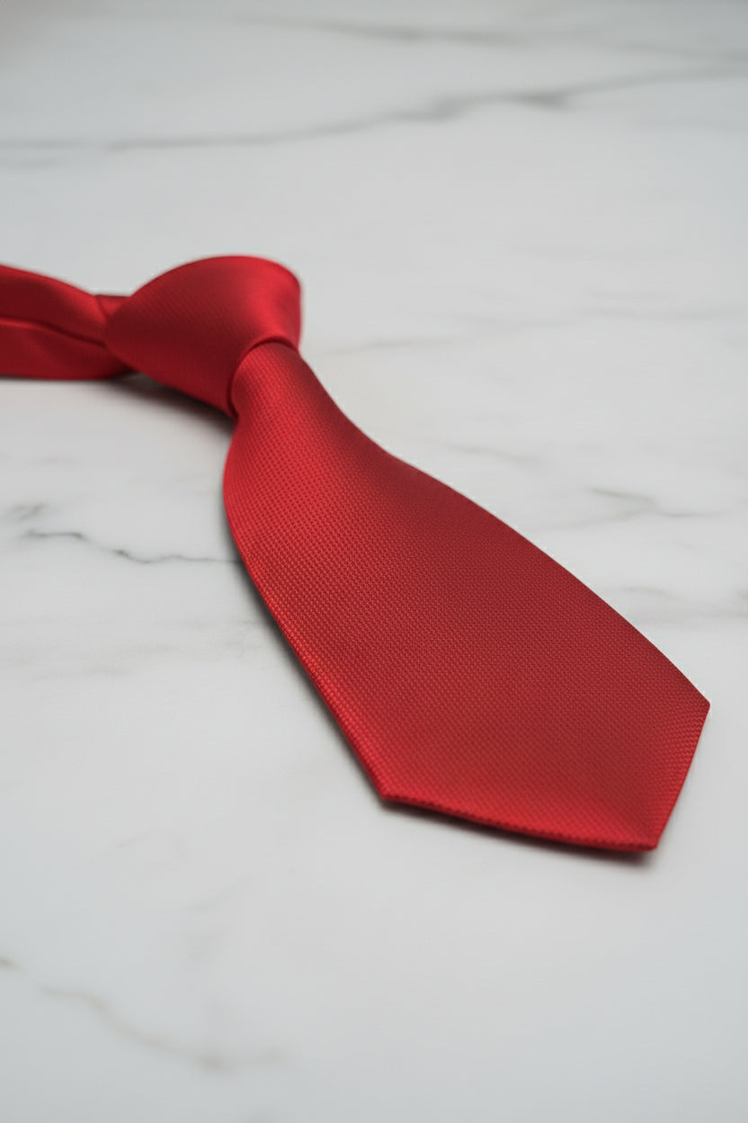 Red textured silk tie laid flat on a marble surface, ideal for formal wear.