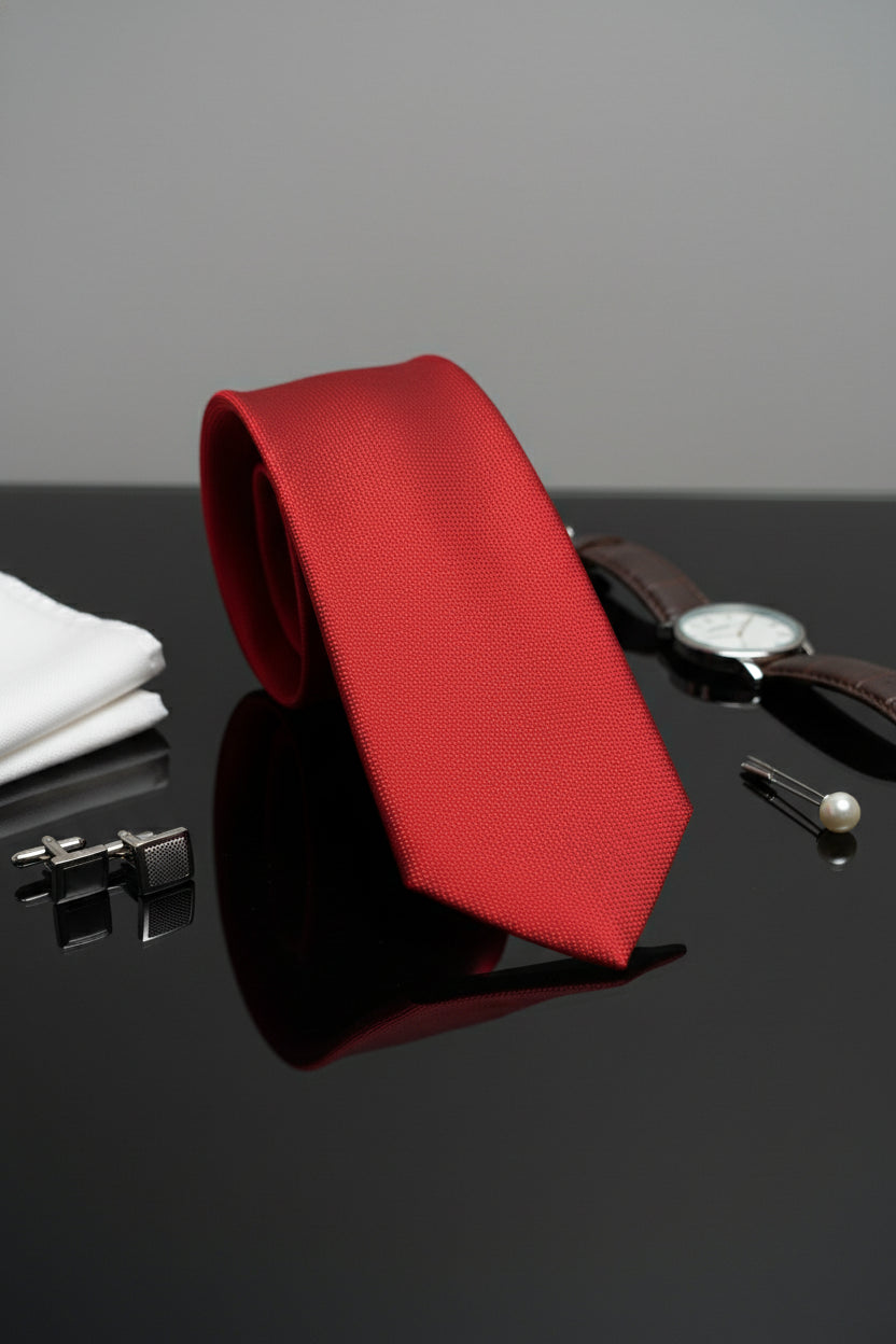Red textured silk tie displayed on a reflective surface with cufflinks and watch.