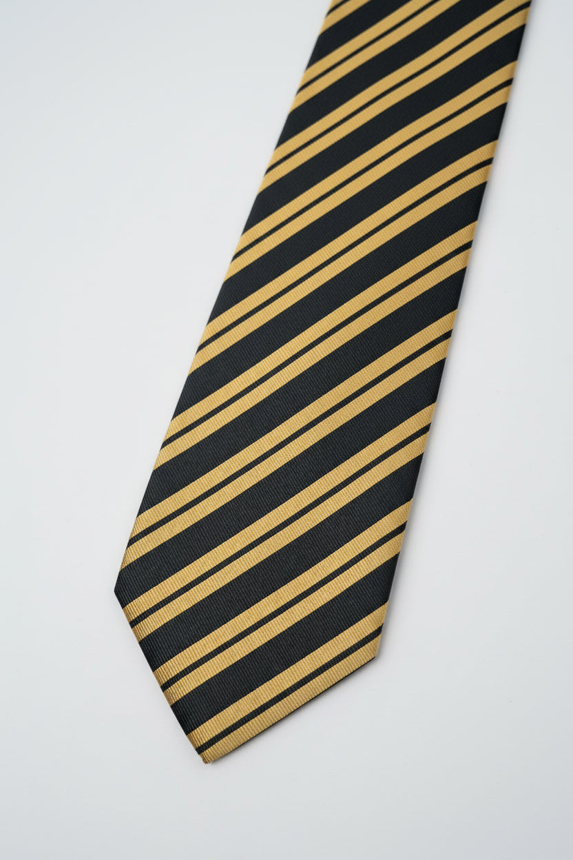 Black and yellow striped silk tie, perfect for formal business attire.