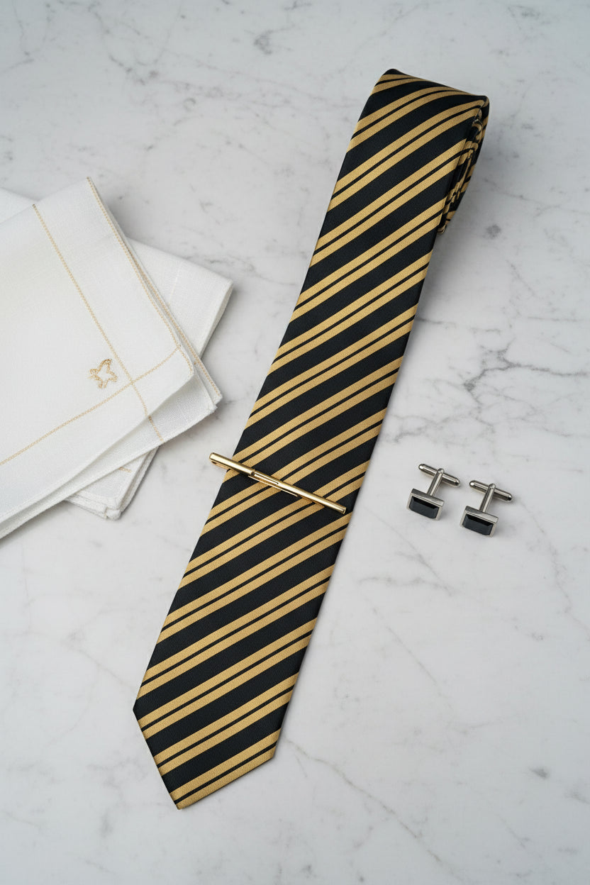 Black and yellow striped silk tie with tie clip, styled with cufflinks and pocket square.