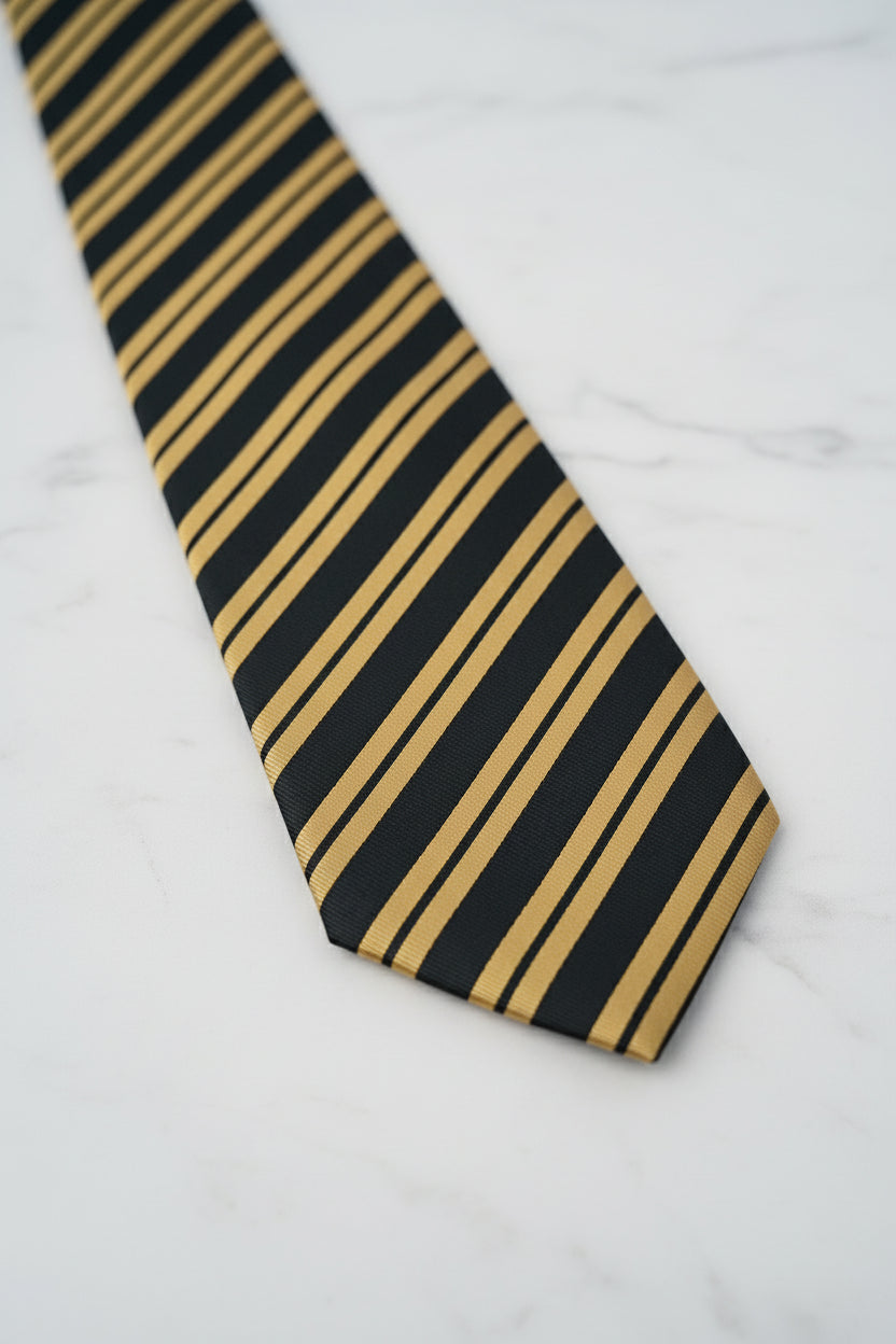 Black and yellow striped silk tie, perfect for formal business attire.