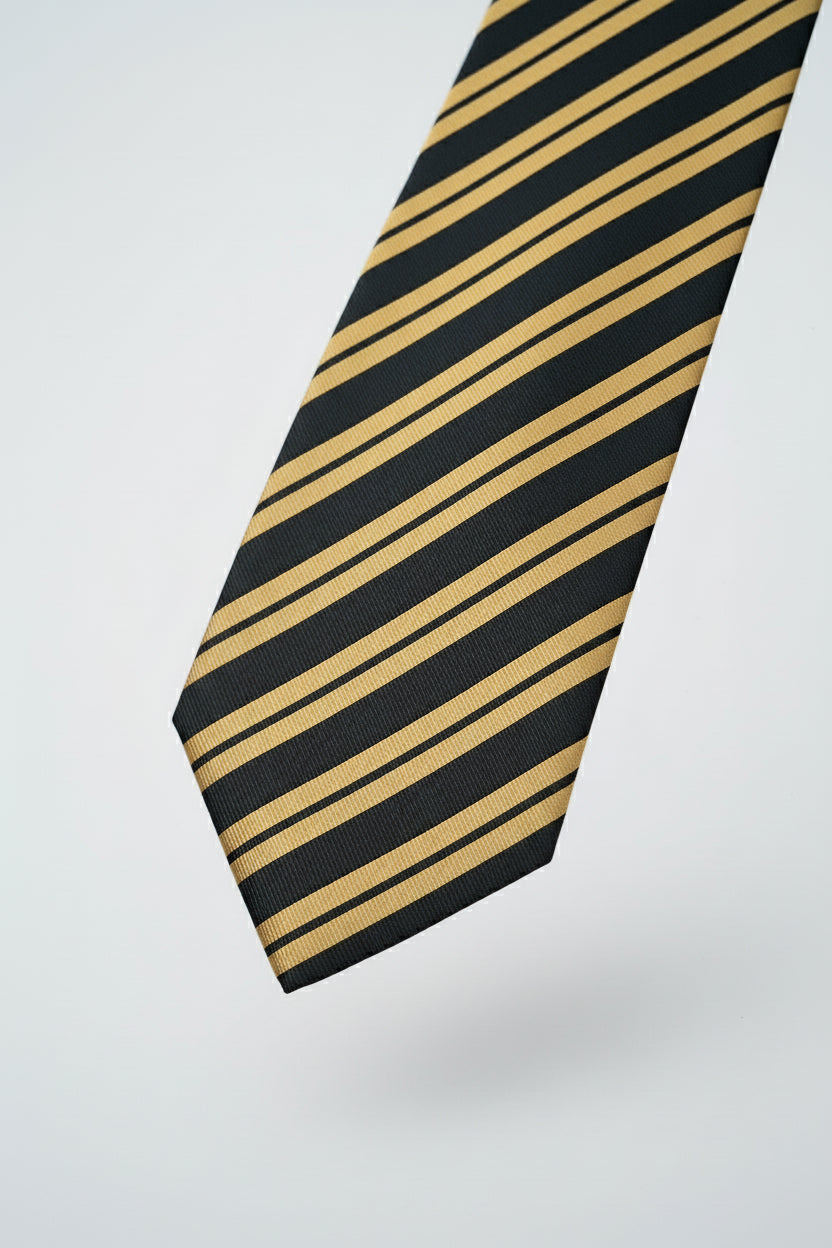 Black and yellow striped silk tie, perfect for formal business attire.