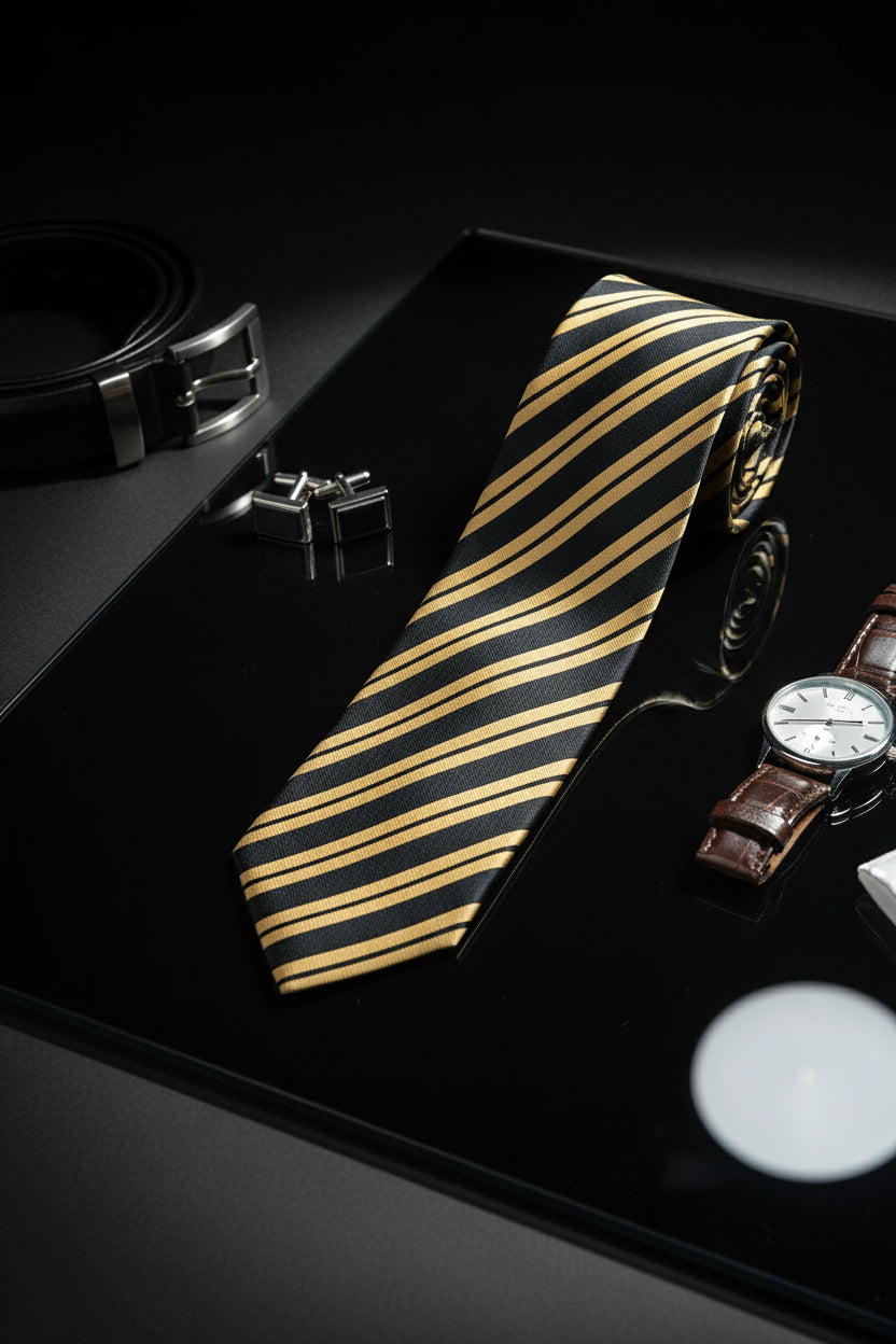 Black and yellow striped silk tie on reflective surface with accessories.