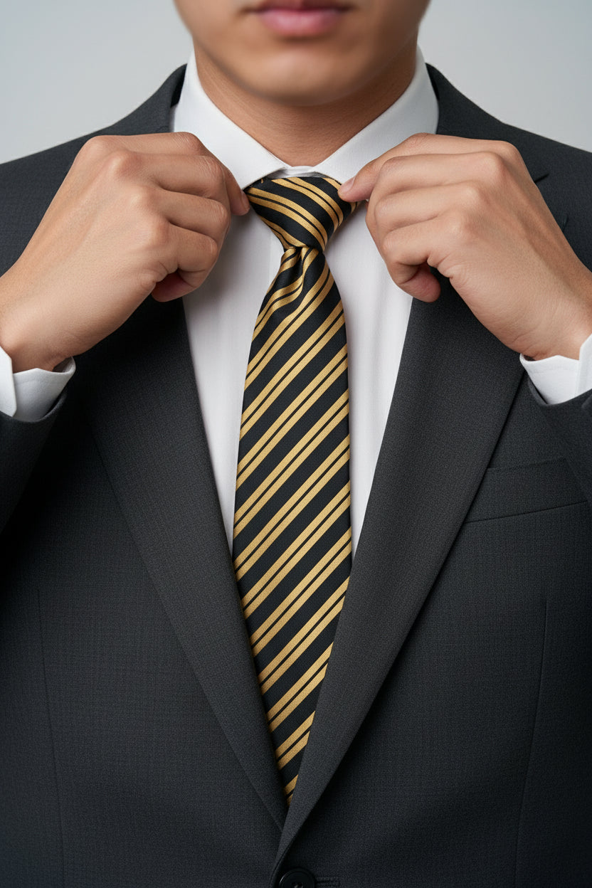 Man adjusting black and yellow striped silk tie with formal suit.