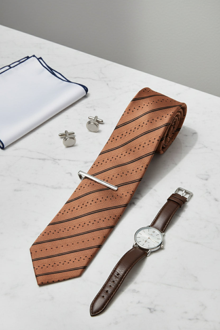 Copper textured silk tie with patterned stripes, ideal for formal wear and weddings.
