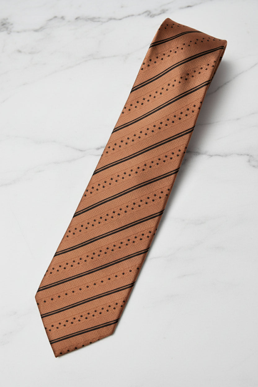 Copper textured silk tie with diagonal stripes and elegant pattern for formal occasions.