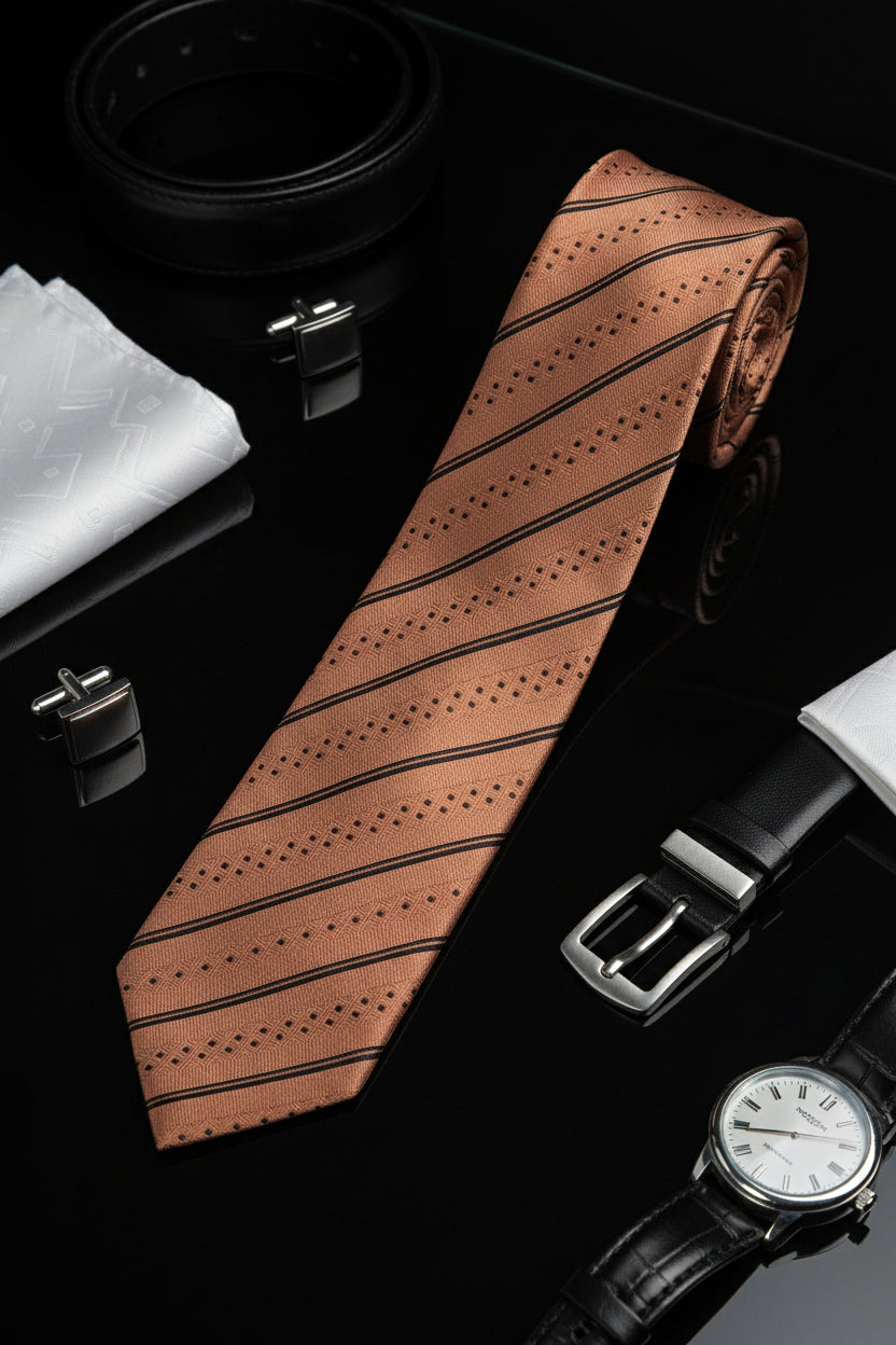 Copper textured silk tie with patterned stripes, perfect for formal wear and business events.