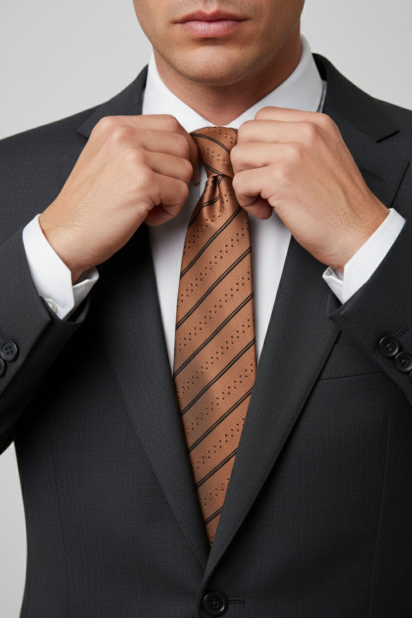 Man adjusting copper textured silk tie with diagonal stripes and dots, wearing a suit.