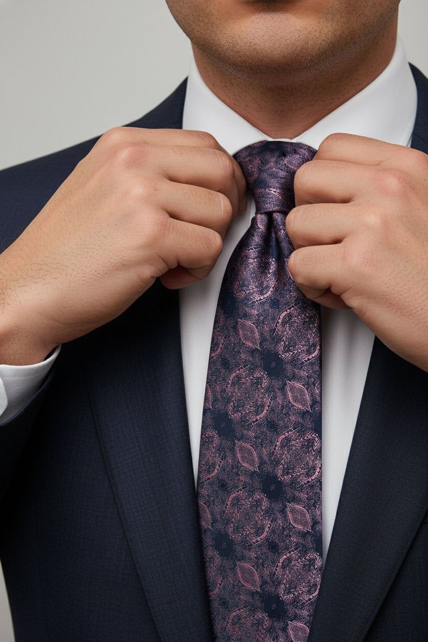 Man adjusting navy floral pattern silk tie with elegant design, perfect for formal occasions.