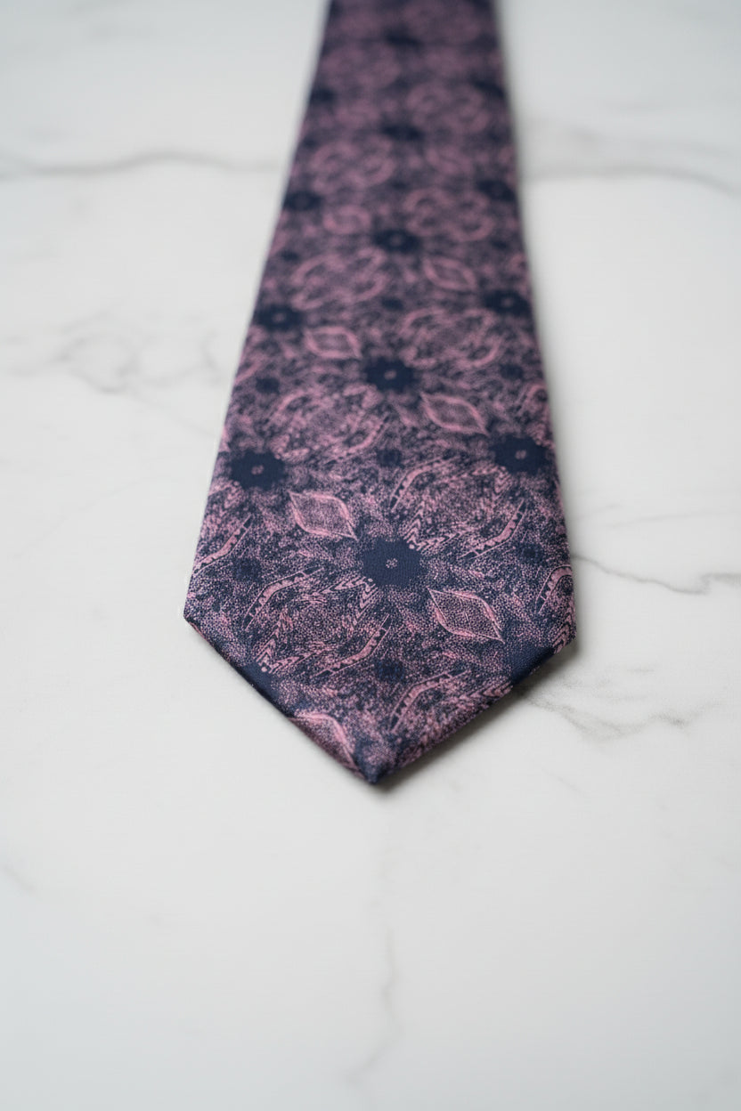 Navy floral pattern silk tie with elegant design, perfect for formal occasions.
