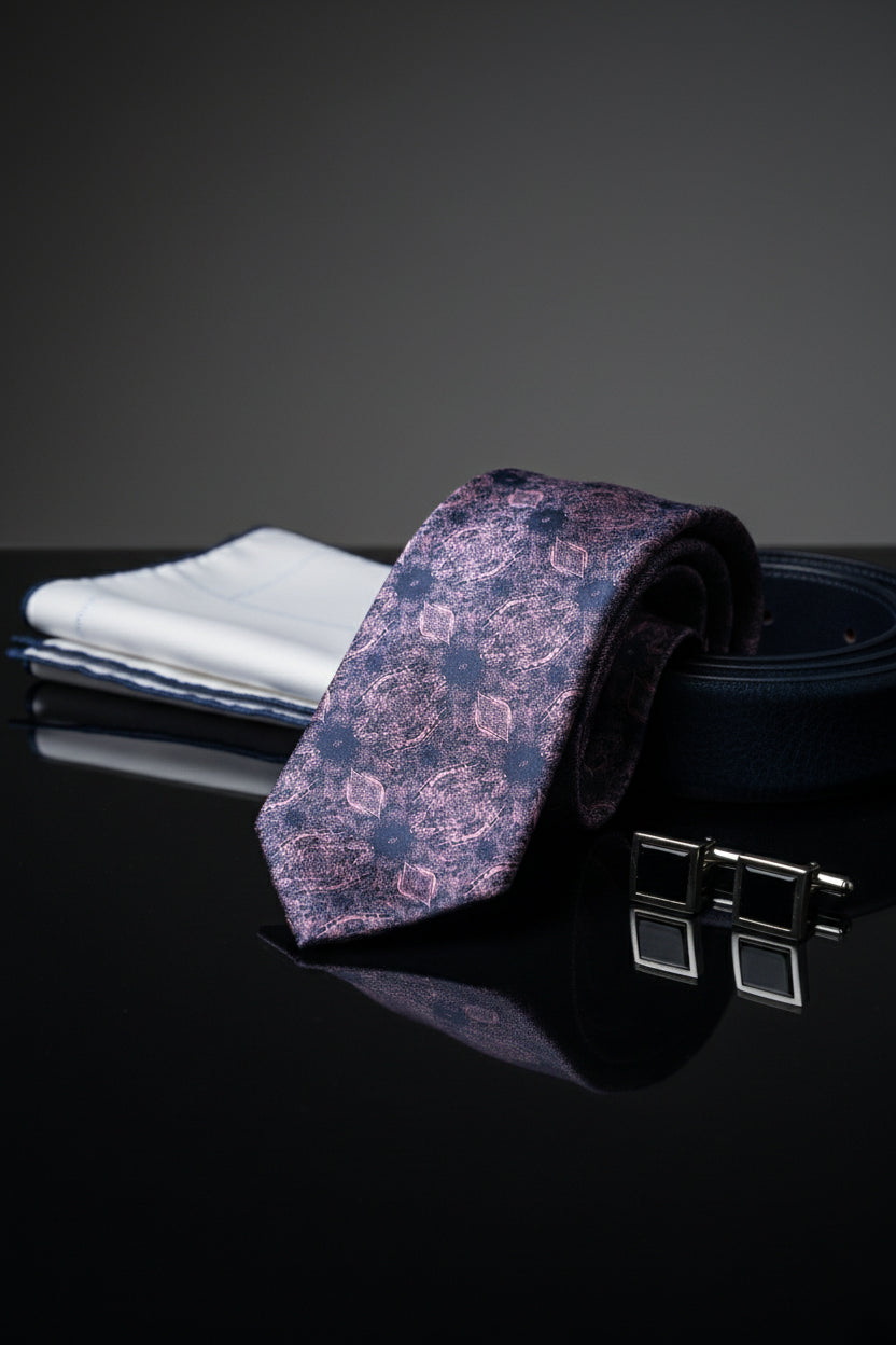 Navy floral pattern silk tie displayed with matching pocket square and cufflinks.