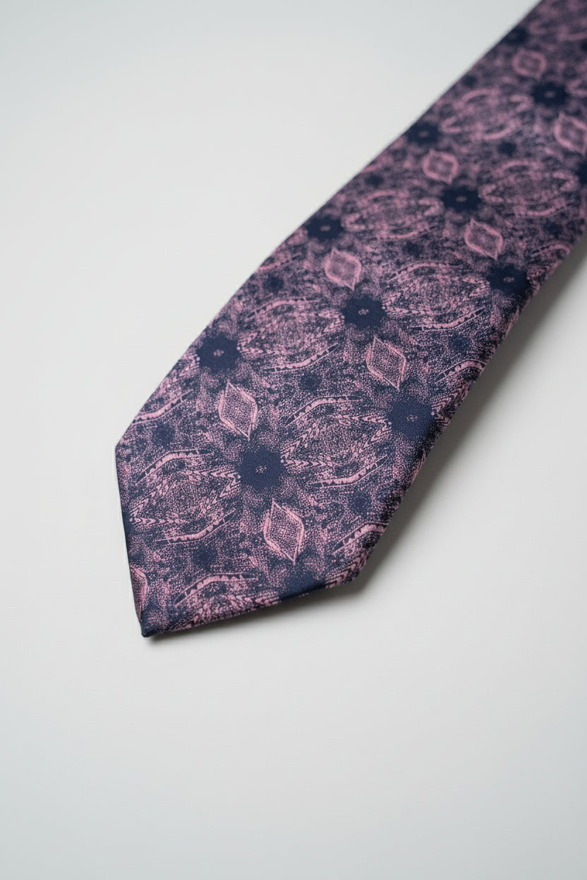 Navy silk tie with elegant floral pattern, perfect for formal wear or business events