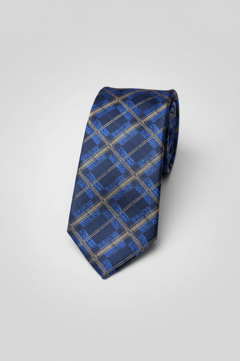 Navy blue and gold plaid silk tie for formal and business occasions.