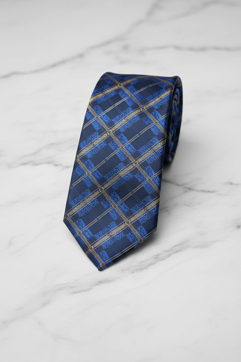Navy and gold plaid silk tie with elegant design for formal business wear.