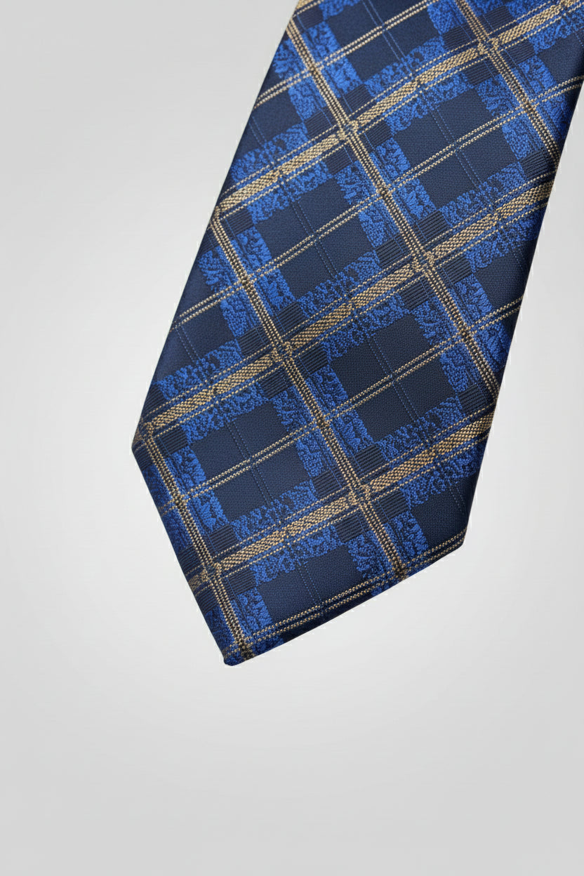 Navy blue silk tie featuring elegant gold plaid pattern for formal occasions.