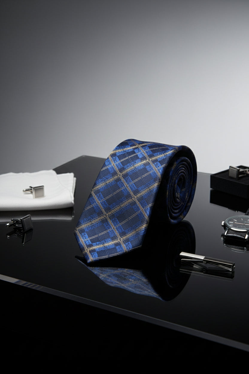 Navy and gold plaid silk tie displayed elegantly on a reflective surface.