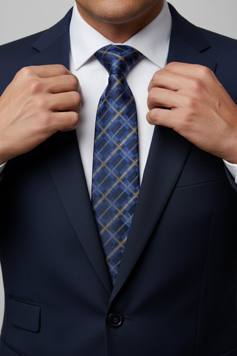 Man adjusting navy and gold plaid silk tie worn with a dark suit.