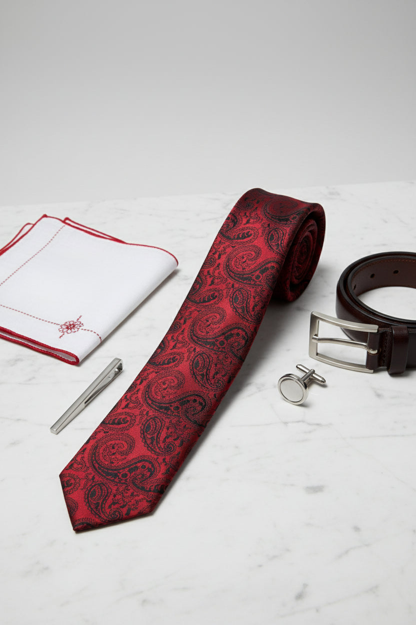Red paisley silk tie displayed with cufflinks and pocket square on marble surface.