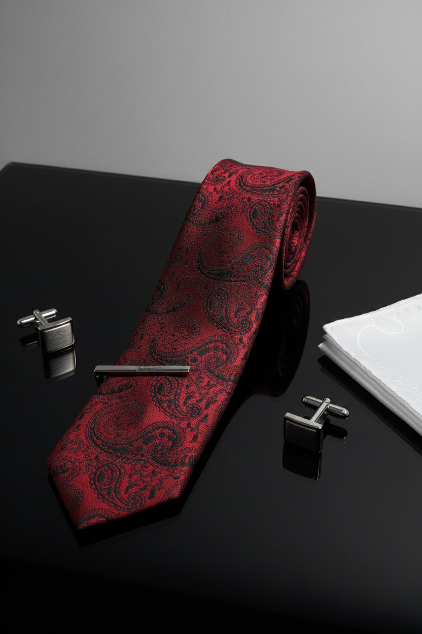 Red paisley silk tie with classic design, ideal for formal wear and weddings.