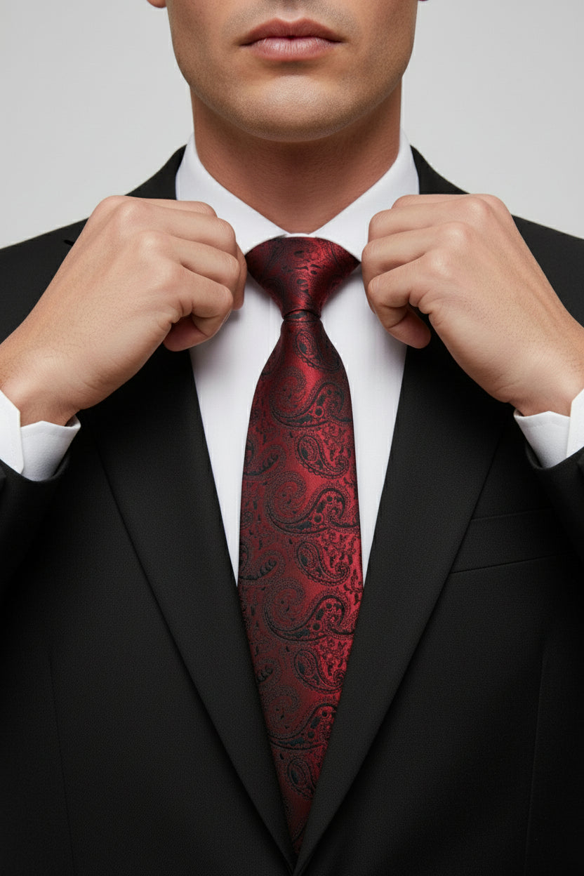 Man adjusting red paisley silk tie, enhancing formal wear look.