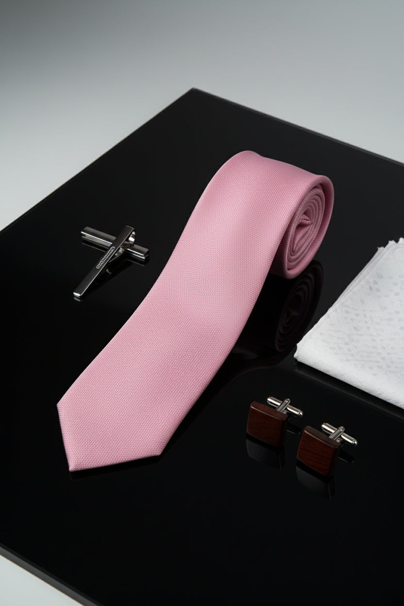 Pink textured silk tie displayed with cufflinks and pocket square on black surface.