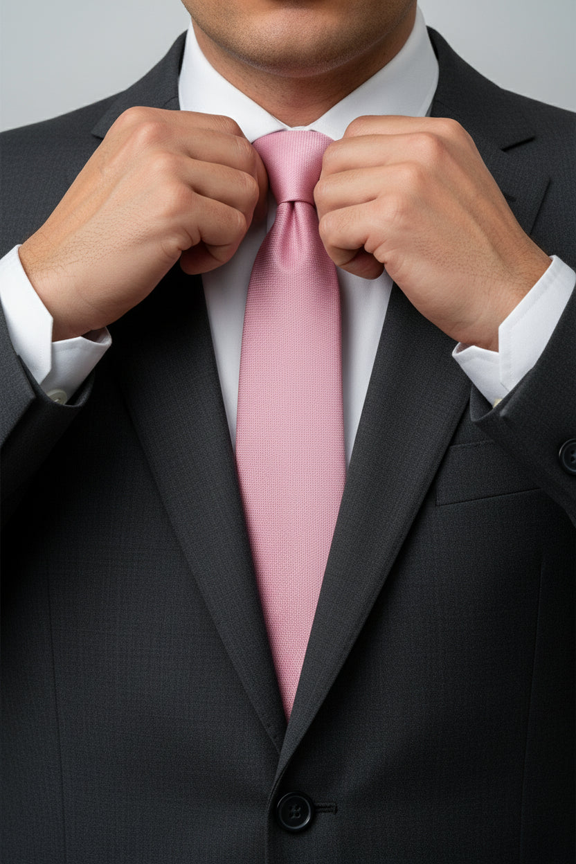 Man adjusting pink textured silk tie with slim fit suit jacket.