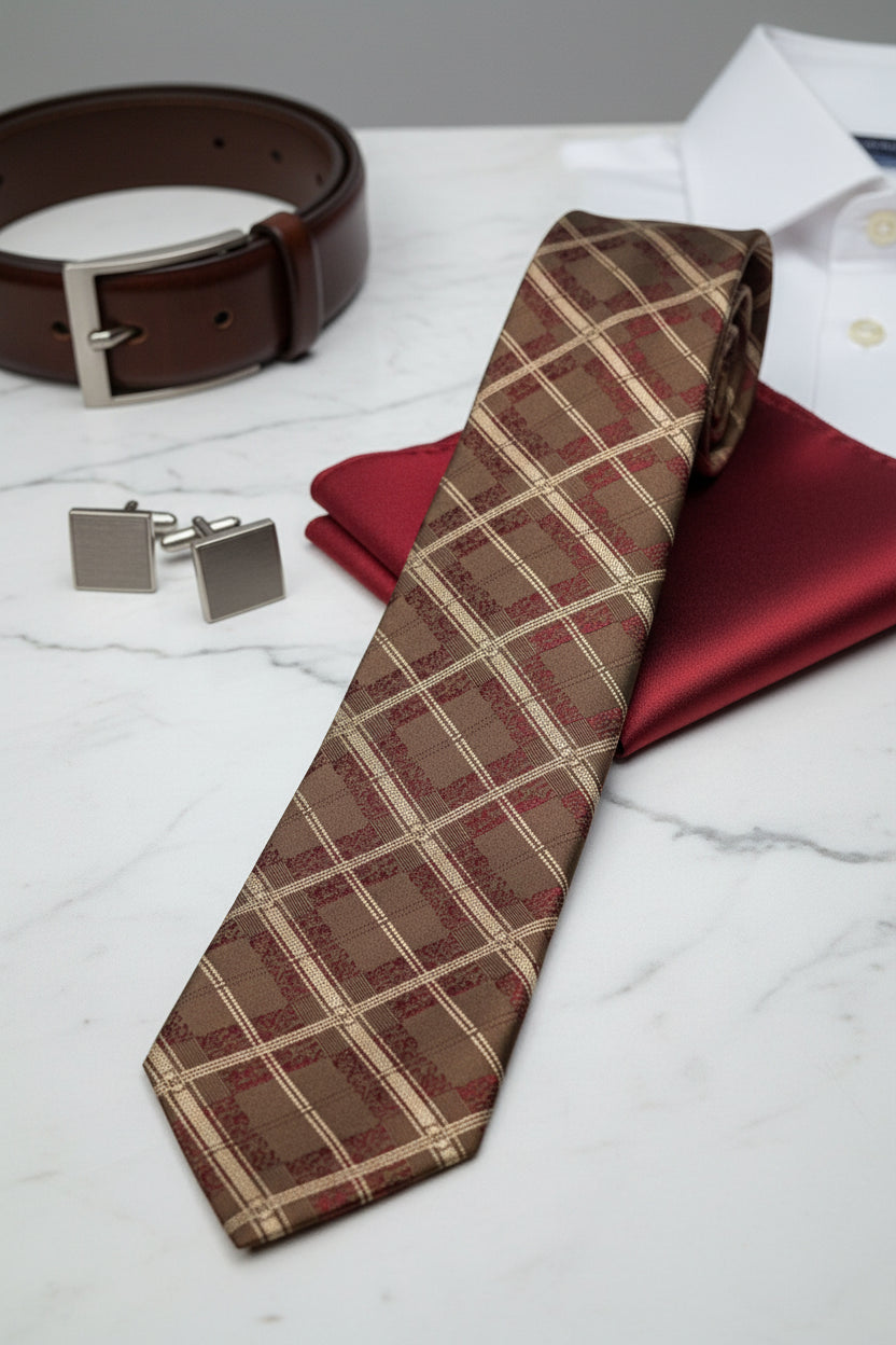 Brown plaid silk tie displayed with matching pocket square and cufflinks.
