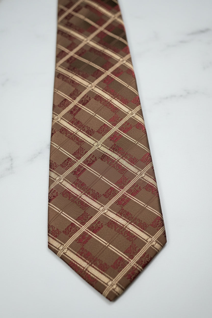 Brown plaid silk tie with intricate patterns, perfect for formal wear.