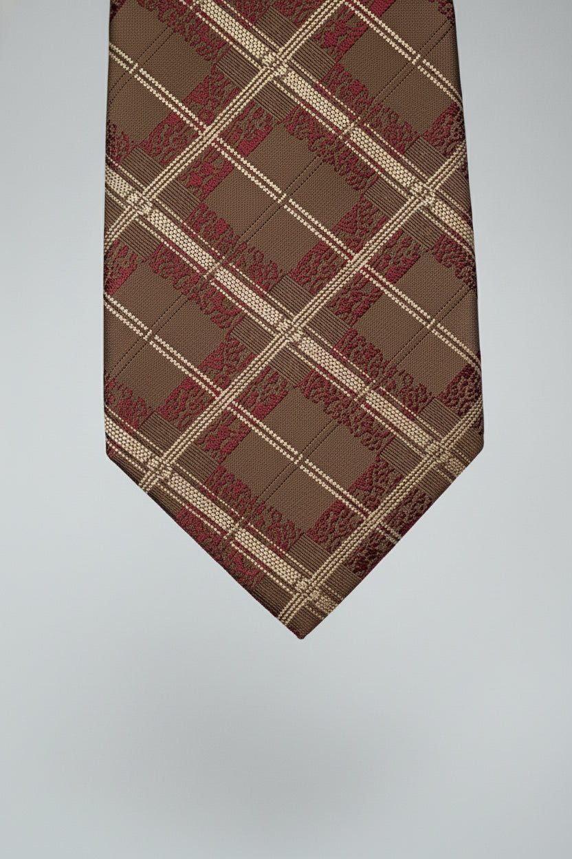 Brown plaid silk tie featuring a luxurious texture and rich color pattern.